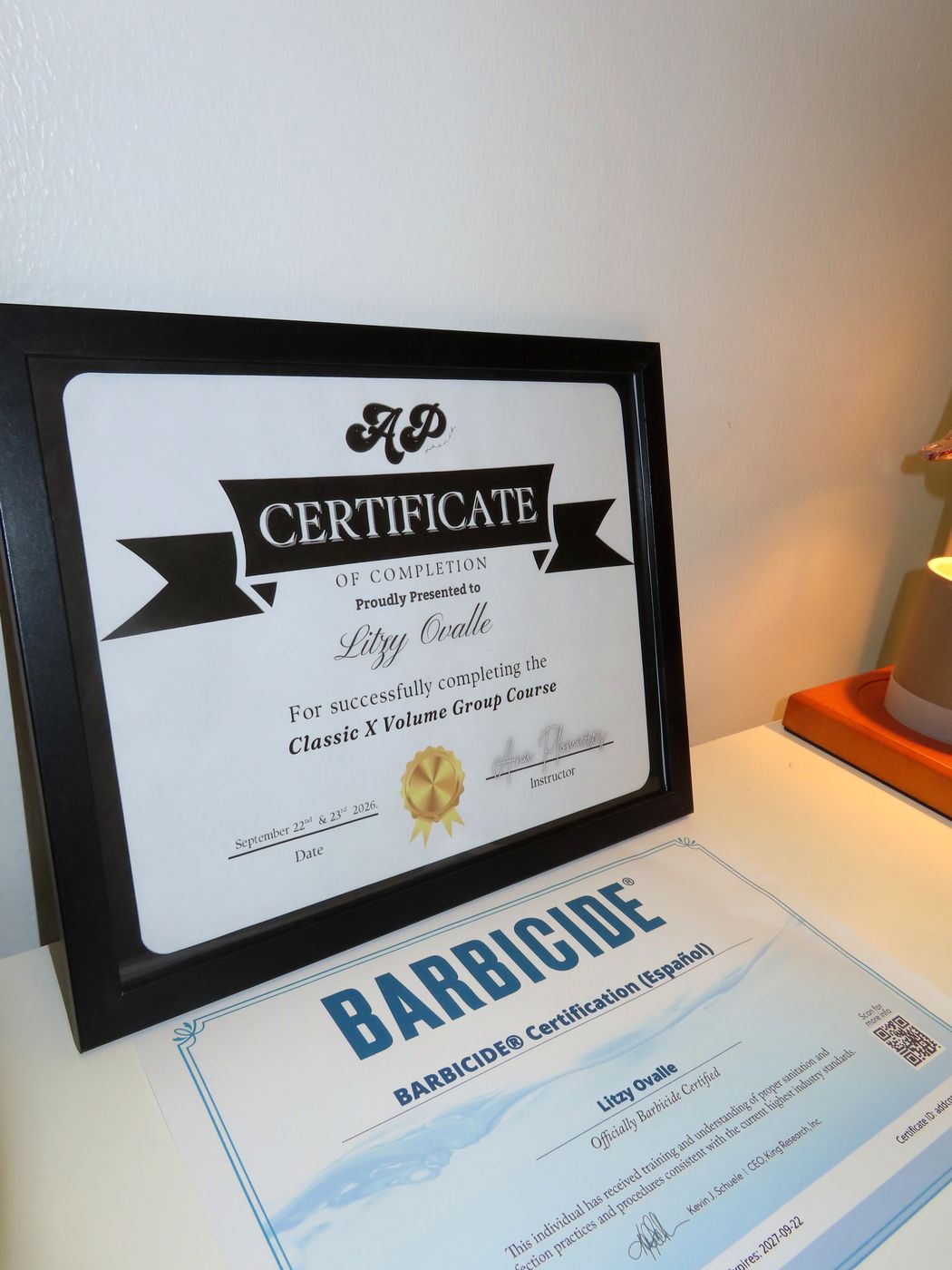Framed AP Lashes certificate of completion with Barbicide certification